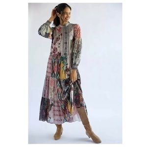 Anthropologie Beaded Maxi Dress with Patchwork Print
